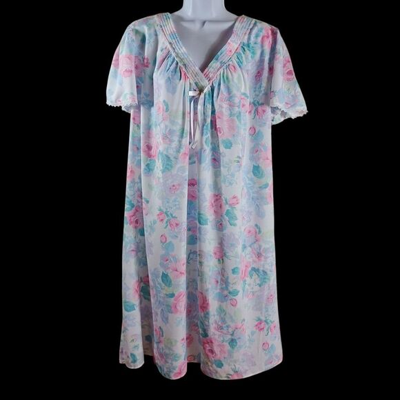 NWT Vtg Miss Elaine Floral Nightgown XL Sleepwear Pastel Pink Blue Cottagecore - Picture 2 of 7